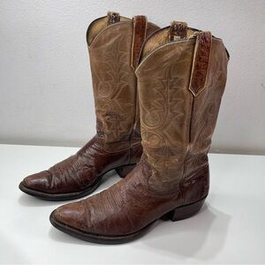 Vtg Rios of Mercedes Cowboy Leather Boots Men 8.5 Brwn Ostrich Pull Tab Distress